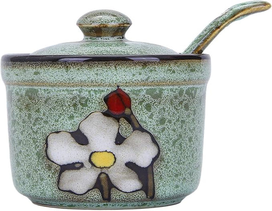 VanEnjoy Retro Hand Painted Flower Ceramic Round Sugar Bowls Spice Containers Porcelain Jar with Spoon Round Condiment