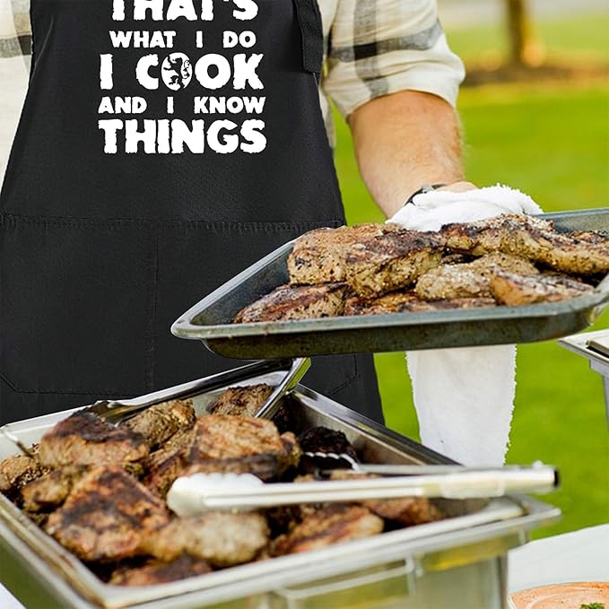Rosoz Funny BBQ Black Chef Aprons for Men, I Cook and I Know Things Adjustable Kitchen Cooking Aprons with Pocket Waterproof Oil Proof Father’s Day/Birthday