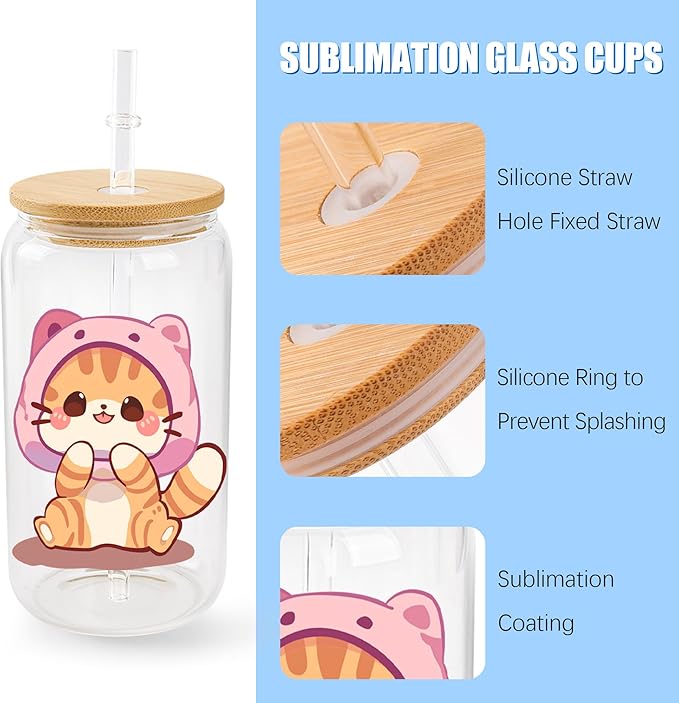 Joyclub 12 Pack Sublimation Glass Cups with Lids and Straws 16oz, Clear Sublimation Glass Tumbler Blanks Beer Can Shaped Mugs for Iced Coffee Smoothie Soda Boba Tea Cocktail Gift