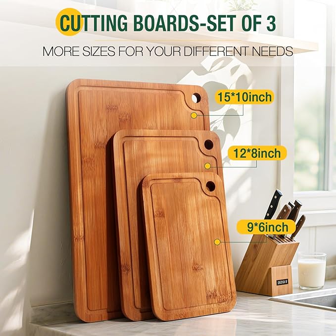 Bamboo Cutting Boards for Kitchen Set of 3, Wooden Cutting Board Non Toxic with Side Handle, HKKZYT Wood Chopping Board with Deep Juice Groove, Knife-Friendly, Kitchen Gift (Dark Color)