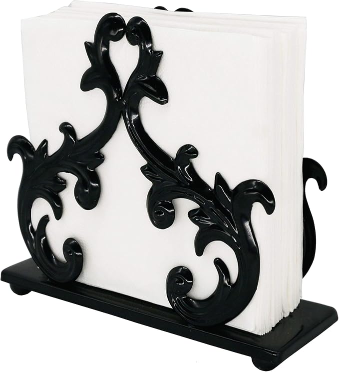 Owlgift Baroque Black Napkin Holder – Decorative Metal Tissue Rack for Tabletop, Mail, or Bill Organizer – 6 x 2 x 5.3 Inches, Glossy Finish for Home or Restaurant Use