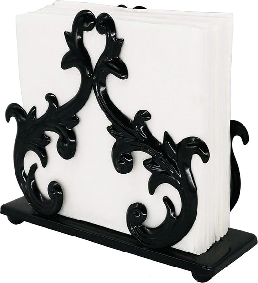 Owlgift Baroque Black Napkin Holder – Decorative Metal Tissue Rack for Tabletop, Mail, or Bill Organizer – 6 x 2 x 5.3 Inches, Glossy Finish for Home or Restaurant Use