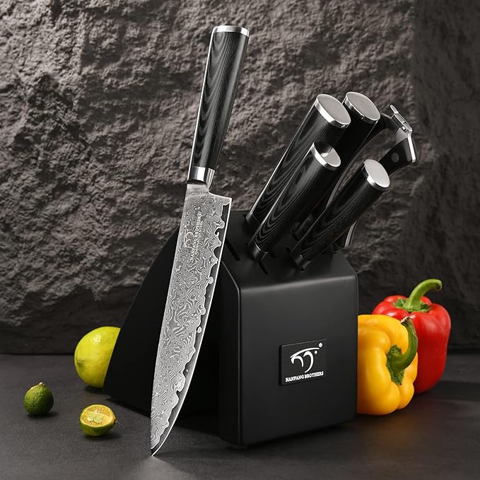 NANFANG BROTHERS 7 Pieces Damascus Kitchen Knife Set with Block, ABS Ergonomic Handle for Chef Knives, Kitchen Shears, Knife Block Set for Chopping, Slicing & Cutting