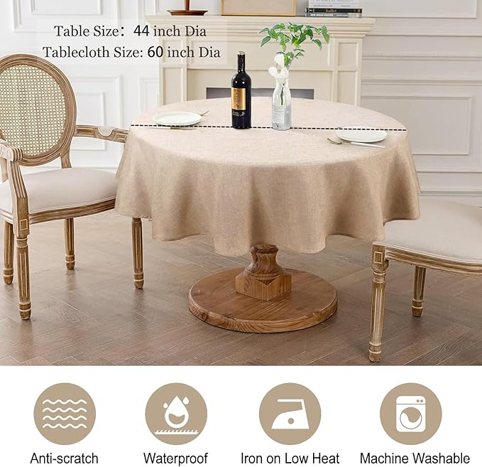 AUSSPVOCT 2 Pcs Textured Round Tablecloth 60 Inch for Dia 38’’ Tables - Waterproof Washable Wipeable Table Cloth Fabric Dining Table Cover for Birthday Party Farmhouse Outdoor Kitchen Tabletop Cover