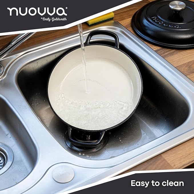 Shallow Cast Iron Casserole with Lid – Non Stick Dutch Oven Pot, Oven Safe up to 500° F – Sturdy Ovenproof Stockpot Cookware – Enamelled Cooking Pot – Black, 5-Quart, 32cm – by Nuovva
