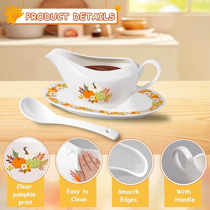16OZ Thanksgiving Gravy Boat with Ladle and Saucer Ceramic Gravy Boat Thanksgiving Serveware for Salad Dressings, Creamer, Broth, Black Pepper Used at Weddings Parties Christmas or Daily Use