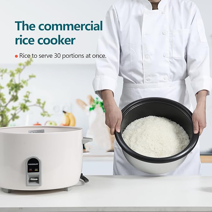 MOOSUM Commercial Rice Cooker, Large Capacity 30-Cup (UnCooked), 60-Cup (Cooked) with One Touch Operation and 12-Hour Keep Warm, Easy to Use and clean, 1600W, White