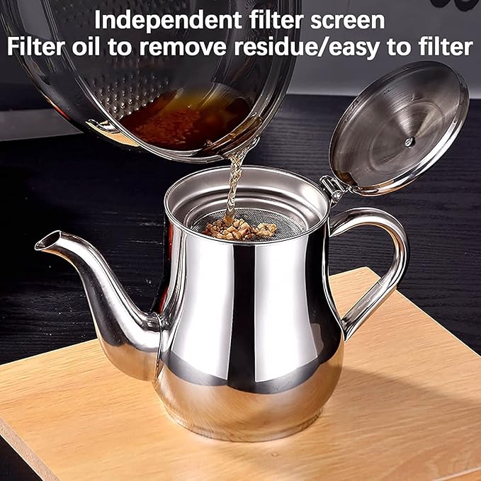 Ujicde Stainless Steel Oil Filter Pot, 24/32/48oz Cooking Grease Container, Bacon Grease Container with Fine Mesh Strainer Lid for Home Kitchen Cooking Storing Frying Oil Cooking Grease (32oz)