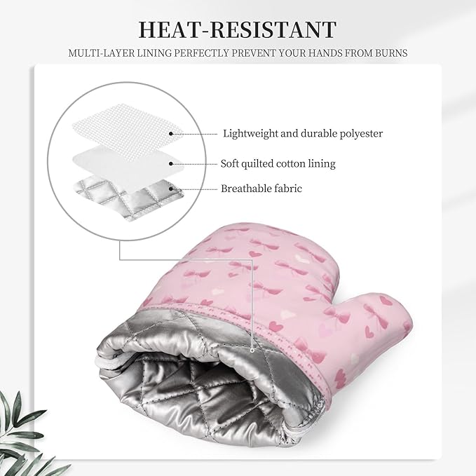 Oven Mitts and Pot Holders Heart Pink Bow Pattern Silicone Kitchen Accessories Set of 4 Heat Resistant Long Gloves Potholder Non-Slip Grip for Chef Cooking Baking Grilling BBQ