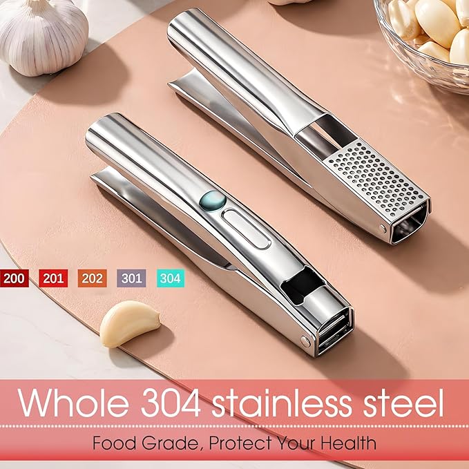 Garlic Press Heavy Duty Mincer and Peeler Set, Rust Proof 304 Stainless Steel Garlic Crusher, Easy-Squeeze Nut Ginger Chopper, Dishwasher Safe Kitchen Gadget