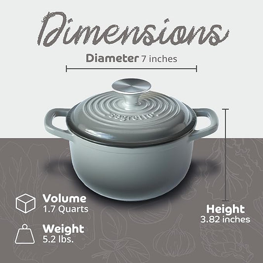 Segretto Cookware Enameled Cast Iron Dutch Oven Pot with Lid Grigio Scuro (Gradient Gray) 1.7 Quarts Dutch Oven Cast Iron with Handle 1.7 qt for Bread Baking