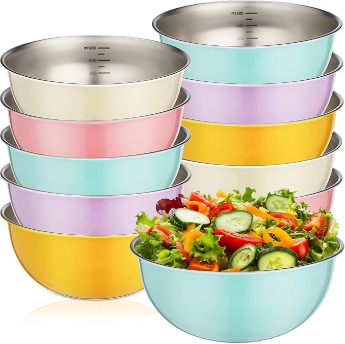 10 Pcs Stainless Steel Mixing Bowls 34 oz Metal Salad Bowls with Graduations Reusable Baking Food Containers Nesting Camping Bowl for Ice Cream, Salad, Soup, Baking, Sauces (6.7 x 2.8 Inch)