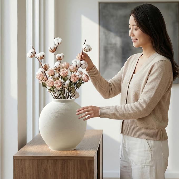 Large White Ceramic Flower Vase Home Decor, Round Rustic Table Vases Farmhouse Living Room Entrway Kitchen Bedroom Decorations，Minimalist Hand-Made Textured Vase (10.8” Sandstone White)