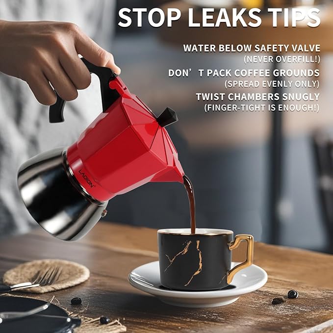 LAOION Stovetop Espresso Maker, 6Cup Moka Pot, Espresso Machine Compatible with Induction Cooktops, 300ml Stainless Steel & Aluminum Cuban Coffee Maker for Cafetera Cubana, Red