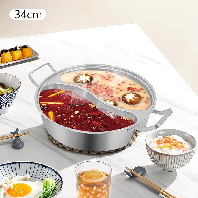 Double-flavor Hot Pot, Stainless Steel Soup Cookware with Divider & Clear Lid, for Induction Cooktop, Gas Stove & Hot Burner Shabu Pot with Cooking Pot for Family Gathering Home Camping Party (12.8in)