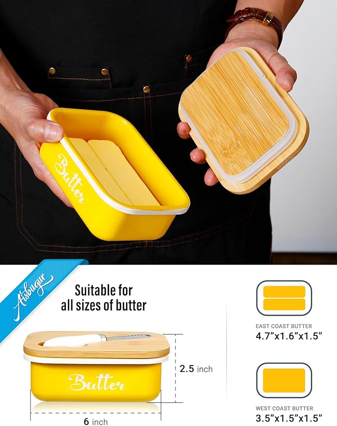 Butter Dish, Butter Dish with Lid for Countertop,Metal Butter Keeper with Stainless Steel Multipurpose Butter Knife, Large Butter Container with quality Silicone Good Kitchen Gift,Yellow