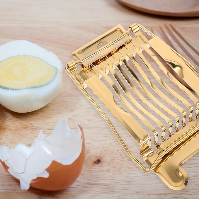 BESPORTBLE Heavy Duty Stainless Steel Egg Slicer and Handheld Fruit Dicer for Hard Boiled Eggs and Strawberries Kitchen Cutter Tool with Gold Finish for Home Use