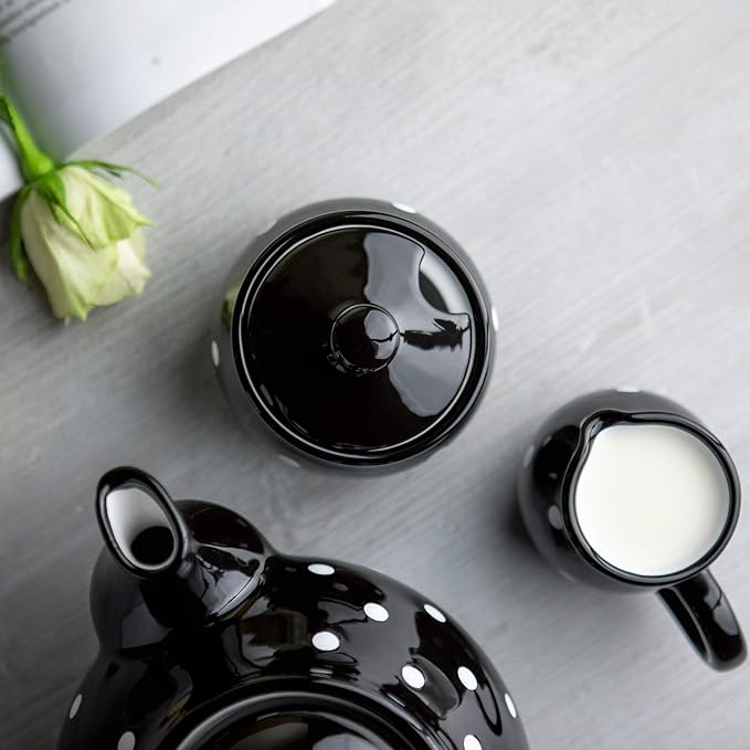 City to Cottage Ceramic Sugar Bowl with Lid, 10oz Sugar Contanier for Coffee Bar, Sugar Dispenser Bowl, Salt - Condiment Pot for Kitchen Counter, Handcrafted Black and White Polka Dot Sugar Jar