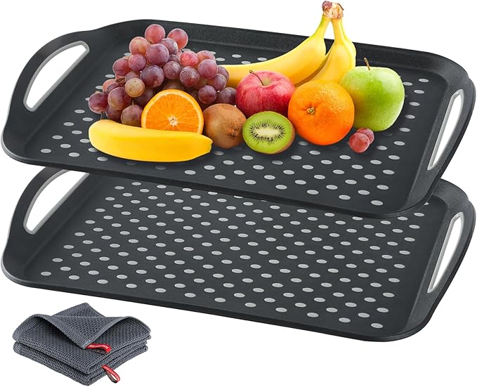 Large Non-Slip Serving Tray with Handles - Suitable Serving Tray, Food Tray, Trays for Serving Food,Serving Platters - an Ideal Dining Choice, Black - 2 Pack