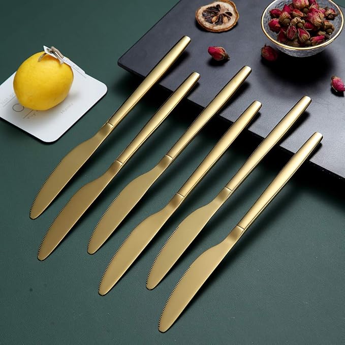 Berglander Gold Dinner Knives Set Of 12, Titanium Shiny Gold Plating Stainless Steel Dinner Knife, Butter Knife Table Knives Dishwasher Safe