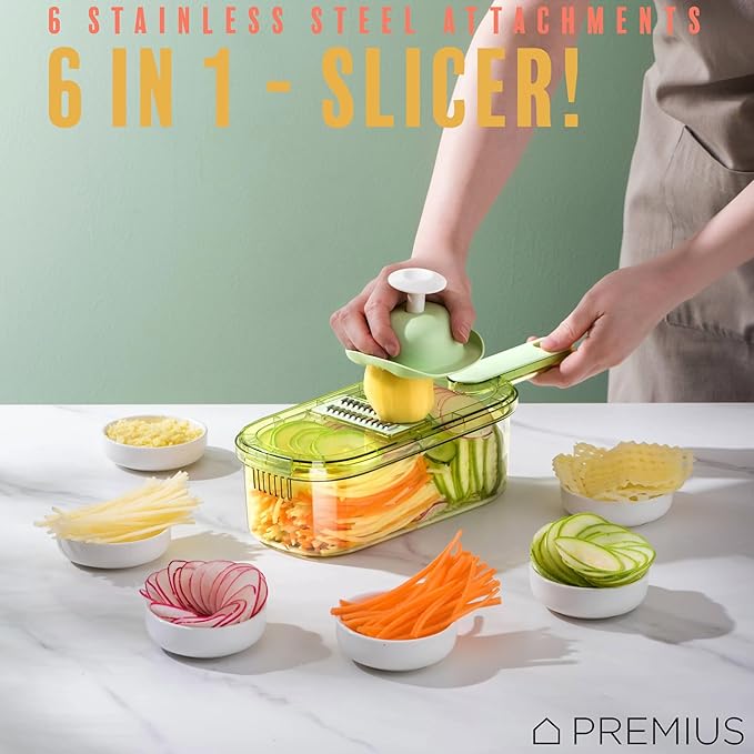 6-In-1 Mandoline Slicer with Storage Bin & Handle By PREMIUS, Plastic Container Bin With Stainless Steel Blades, Includes: 6 Blades, Waffle Cut, Julienne, Slices, Safety Grip, Green-Clear, 1.5 Quarts