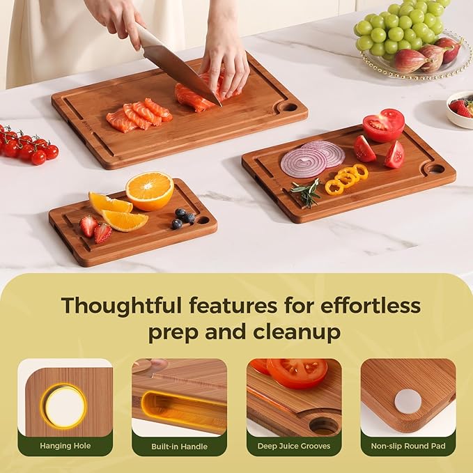 Bamboo Cutting Board for Kitchen Meal Prep & Serving, 3-Piece Wooden Set with Juice Grooves, Side Handles, Non-Slip Mats – Ideal for Meat, Veggies, Fruit – Ideal Gift for the Home (S+M+XL）