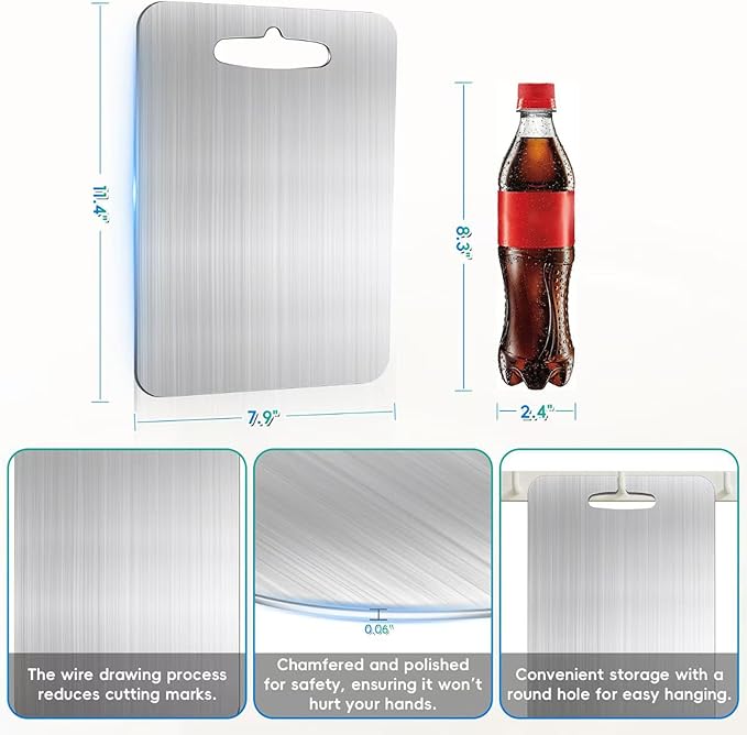 Titanium Cutting Board for Kitchen, 316 Stainless Steel Cutting Board Double-Sided Medical Grade Non Toxic Chopping Board Metal Durability Cutting Boards for Camp Vegetable, 7.9" * 11.4"