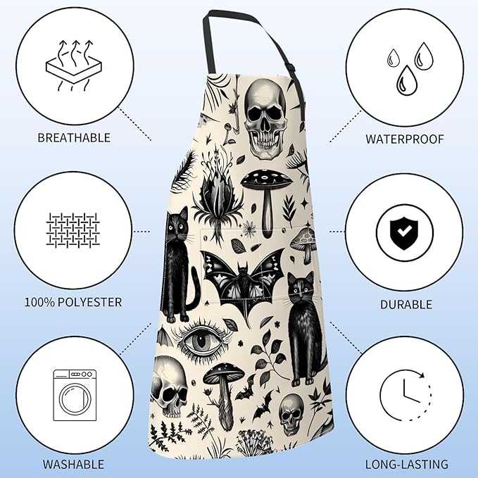 Gothic Apron for Women with Cats, Skulls, And Bat,28x33in,Goth Kitchen Aprons with 2 Pockets, Oxford Fabric,Bold Halloween Adjustable Apron for Cooking Baking Gardening Chef,Gifts for Mom Wife