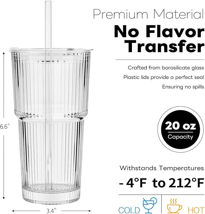 TUZAZO 20 Oz Glass Tumblers with Lids and Straws - 4 Pack Ribbed Glass Iced Coffee Cup with Straw and Lid, Thicken Glasses, Ideal for Smoothieds, Cocktails, and Juices