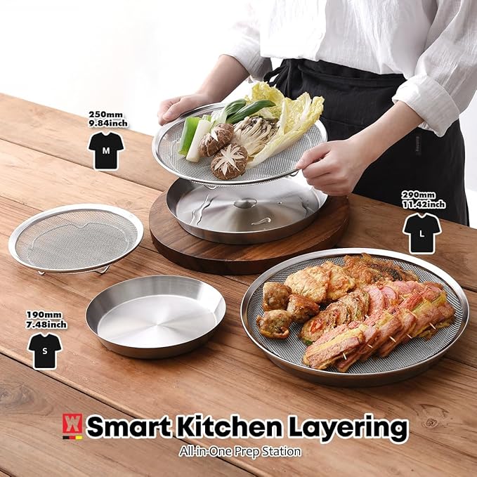 Stainless Steel Mesh Tray Set with Drip Pan, Air Fryer Basket and Tray, Kitchen Colander, Vegetable and Fruit Strainer, Food Filter, BBQ Prep Tool, Fruit Serving Dishes (7.48 inch)