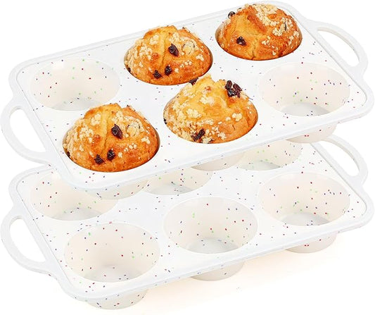 AOTASO 2 Pcs Jumbo Muffin Pan with Metal Frame, Nonstick 6 Cup Extra Large Cupcake Pan for Baking, Silicone Deep Muffin Tray for Egg Bites (Cream)