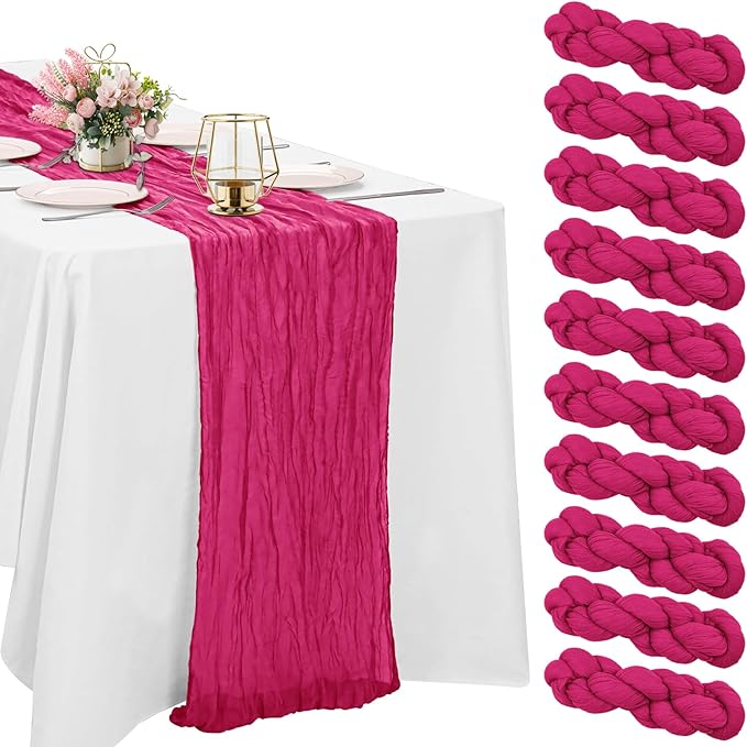 10 Pack Cheesecloth Table Runner 10FT Boho Gauze Rustic Fabric Table Runner Vintage Sheer Tablecloth for Wedding Party Bridal Baby Shower Decorations (Fushia)