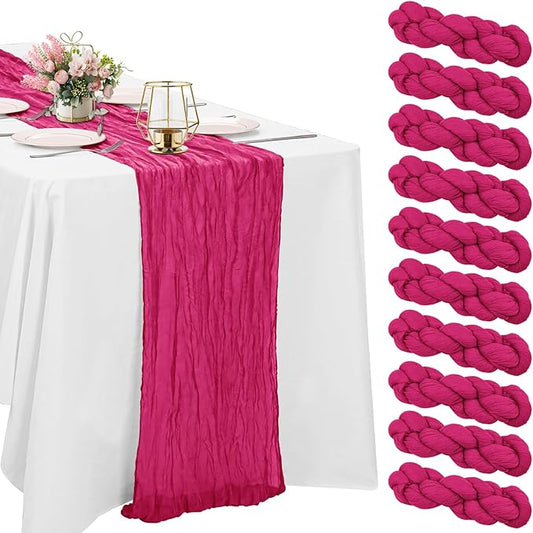 10 Pack Cheesecloth Table Runner 6FT Boho Gauze Rustic Fabric Table Runner Vintage Sheer Tablecloth for Wedding Party Bridal Baby Shower Long Table Decorations (Fushia)