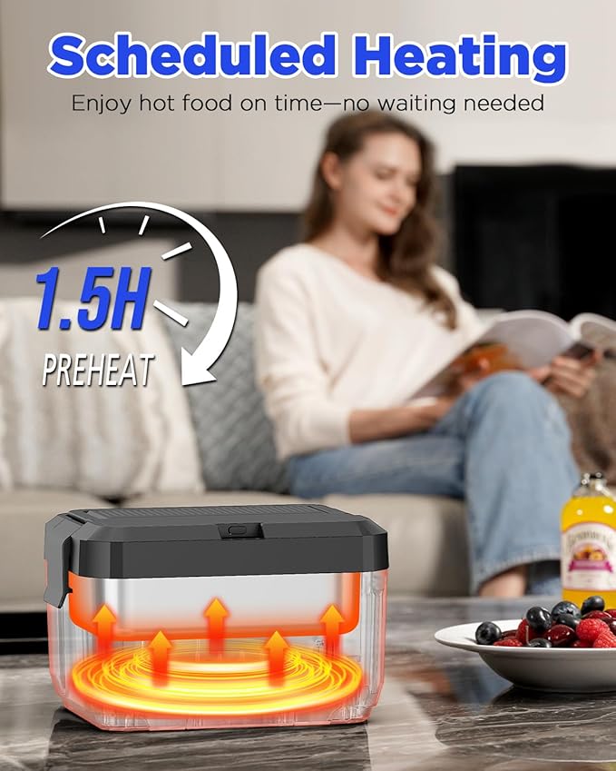 Cordless Electric Lunch Box for Adults – 1.2L Stainless Steel Self-Heating Lunch Box with 20000mAh Removable Rechargeable Battery, Portable Heated Food Warmer for Work, Travel & Office(BK)