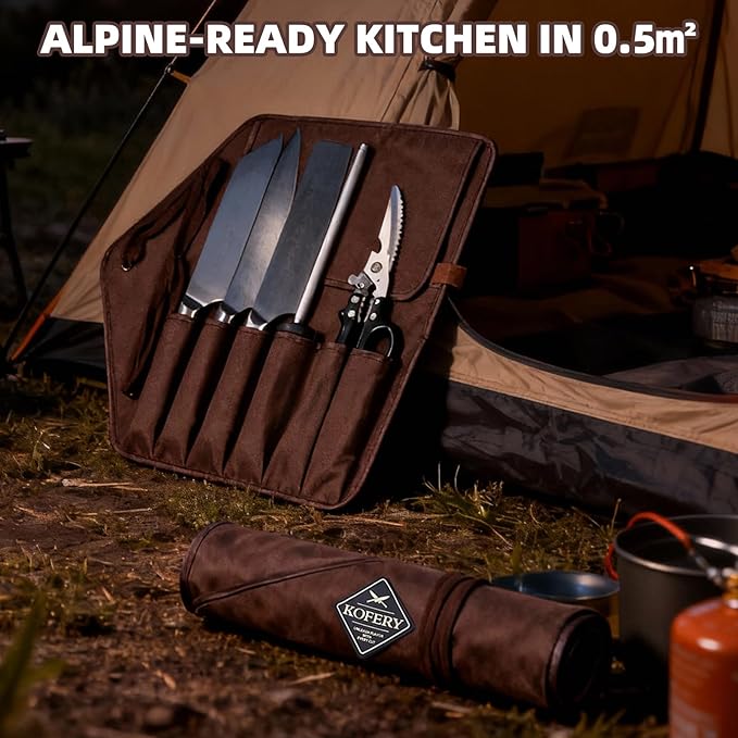 KOFERY Hand Forged Damascus Chef Knife Set with Roll Bag and Sharpener - Ideal for Culinary, Camping and BBQ(Iron-Grey Handle)