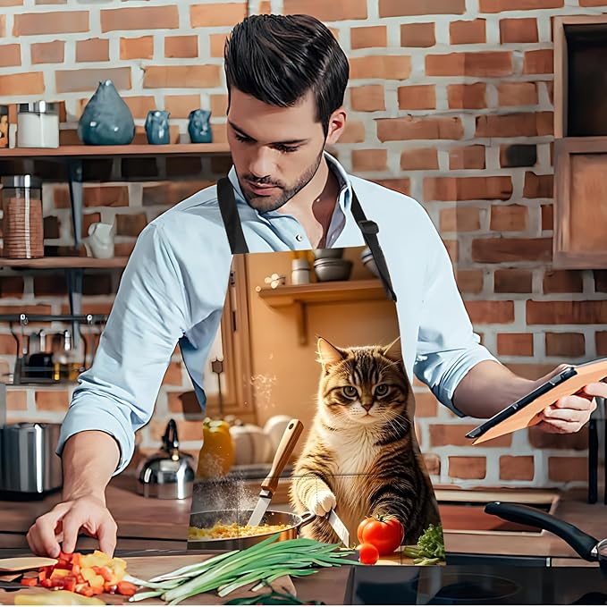 Funny Cat Apron with 2 Pockets Waterproof for Men Women Kitchen Garden Decor