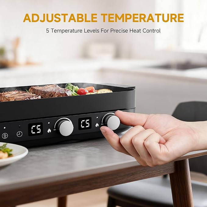 AMZCHEF Portable Indoor Grill: 1800W Electric Grill Griddle with Removable Grill Pan, 5 Temperature Levels & 99 Min Timer Electric Griddle