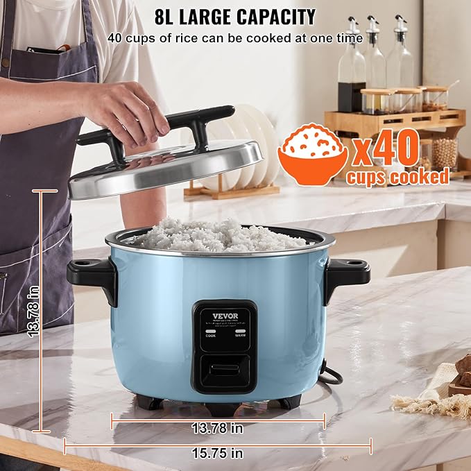 VEVOR Commercial Rice Cooker, 40-Cup Rice Cooker, 8.45 Qt / 8 Liter Large Rice Cooker and Warmer with Nonstick Inner Pot, Fast Cooking and 24-Hour Keep Warm, with Rice Cup and Paddle, for Restaurant