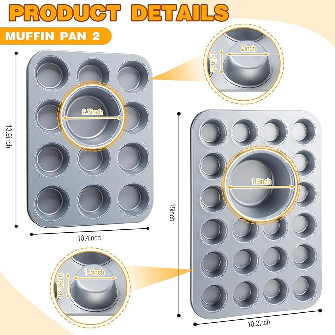 Acellegic 2 Set Mini Muffin Pans Carbon Steel Nonstick Bakeware for Oven Mini Cake Tart Quiche (12-cup&24-cup)
