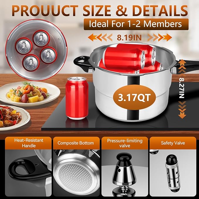 3.17 Quart Pressure Cooker Aluminum, Small Mini All Stovetops Induction Compatible Thickened Pressure Cooker with Spring ollas de presión para cocinar 3+qt