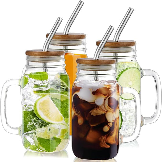 DRASTAR 24oz Iced Coffee Cups Set of 4, Mason Jar Cups, Glass Cups with Lids and Straws, Mason Jars with Handles, Mason Jar Drinking Glasses