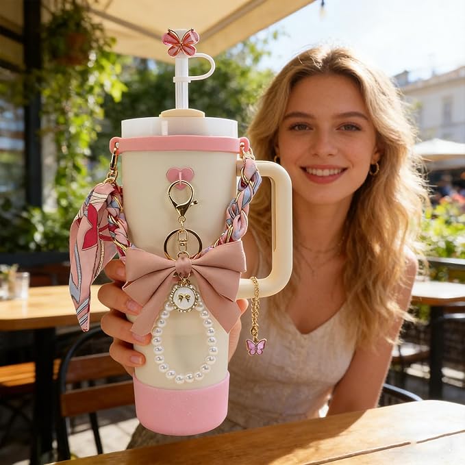 Stanley Cup Accessories Set for 40oz & 30oz Tumbler Including Water Bottle Handle Strap、Bow Keychain、Cup Ring、Bling Silicone Boots、Butterfly Straw Topper、Charm Accessories for Stanley Cup