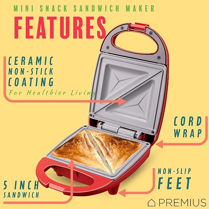 Ceramic NonStick Mini Snack Sandwich Maker, Indicator Light, 5x4.4 Inch Mold, Great for French Toast, Tuna Melt, Egg & Grilled Cheese, Pancake Sandwich, Desserts, Toasties, 520 W (Red)