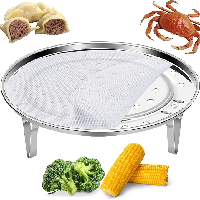 Round Steamer Rack 1pcs with Silicone Liners, Stainless Steel Food Basket with Removable Stand for Cooking, Instant Pot Basket for Vegetables Dumplings fish and Seafood(Round-9.5inch/24cm)
