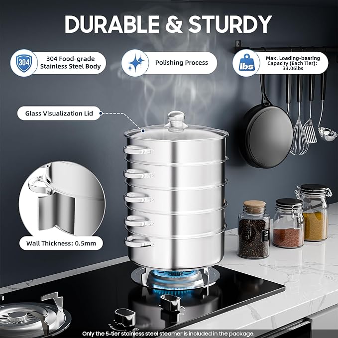 Multipurpose Stock Pot and Steamer Pots 5 Tier Pasta Pots Cooker Pot Kitchen Steaming Cookware with Lid for Cooking Vegetables, Seafood,Soups, Stews (17.71'' H)
