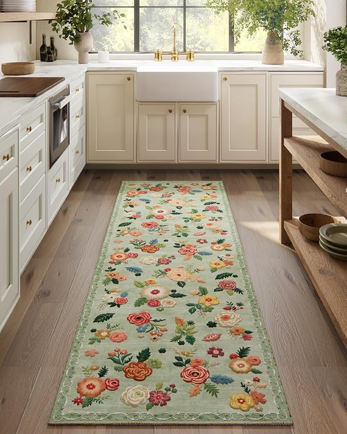 Machine Washable Runner Rug for Hallway: 2'6"x8' Kitchen Runners Rug with Rubber Backing Non Slip Stain Resistant Floral Floor Rug Soft Carpet Runners for Indoor Entryway Bedroom Bedside Living Room