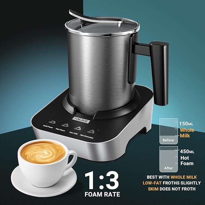 FUNLAVIE 4-in-1 Electric Milk Frother and Steamer, Large 13.5oz Stainless Steel Pitcher, Hot & Cold Foam Maker and Milk Warmer for Lattes, Cappuccinos, Macchiato,Hot Chocolate, Dishwasher Safe