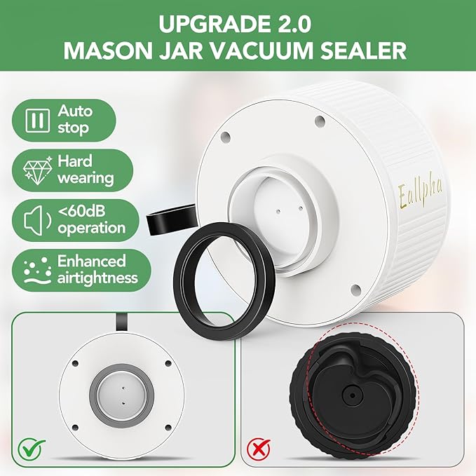 Electric Mason Jar Vacuum Sealer | 3 in 1 Vacuum Sealer for Mason Jars with 30 Lids (Wide/Reg)+5 Food Storage Bags,One-Tap Control,Mason Jar Sealer for Canning Pickling Meal Prep & Dry Goods