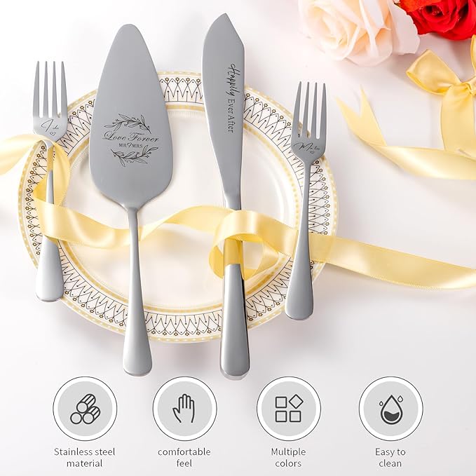 Wedding Cake Knife and Server Set, Mr and Mrs Champagne Flutes & Forks with Wooden Box, Silver Cake Cutting Set for Wedding Engagement Bridal Shower Gifts