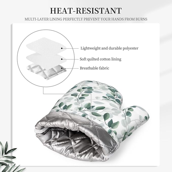 Green Eucalyptus Silicone Oven Mitts and Pot Holders Sets Green White Botanical Leaves Kitchen Mitts Green Leaf Plant Potholder Kitchen Accessories for Cooking Baking BBQ